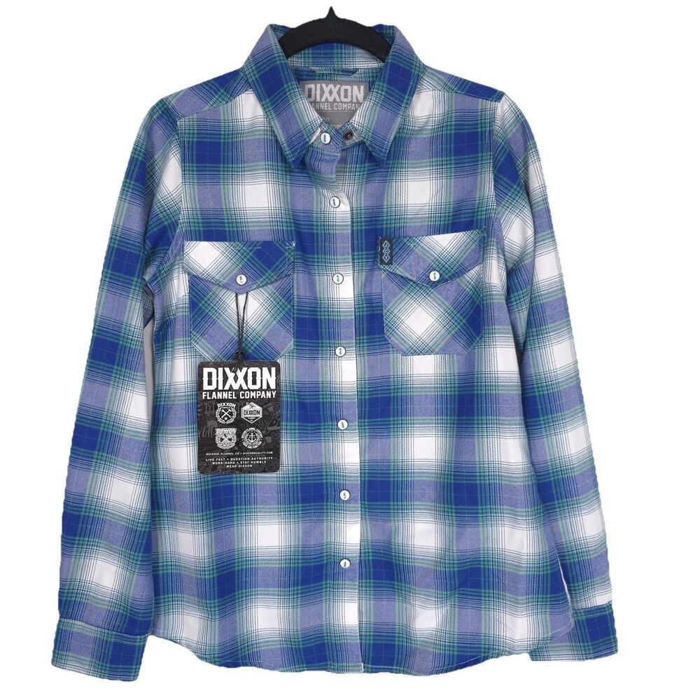 DIXXON New Women’s Shirt Flannel Company JCT Plaid PEARL Snap Blue White